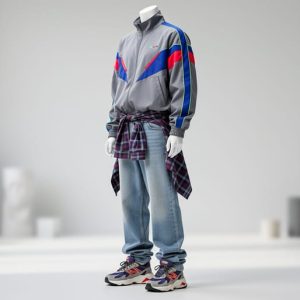 Studio mannequin wearing a modern 2000s-inspired outfit with baggy jeans, an oversized color-block track jacket, layered plaid shirt tied at the waist, and retro throwback sneakers.