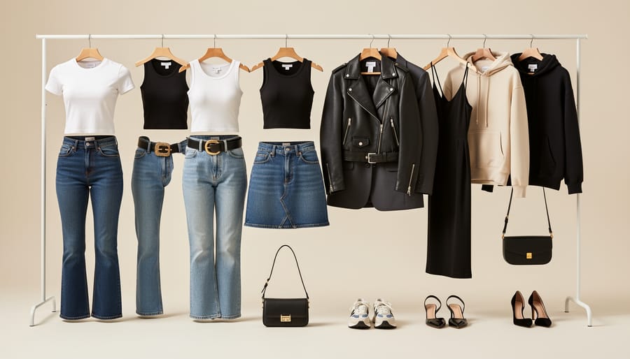 Folded menswear essentials arranged flat lay including chinos, polo, jeans, and accessories