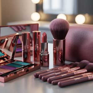 Makeup palettes, lipstick, and brushes arranged on a vanity table in a glossy glam beauty scene.