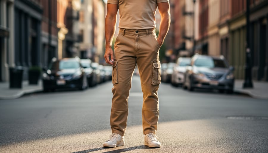 Man wearing olive cargo pants with visible pockets and utility details in an outdoor setting