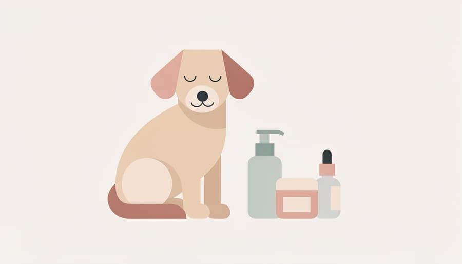 Calm dog sitting near a tidy shelf of clean beauty products