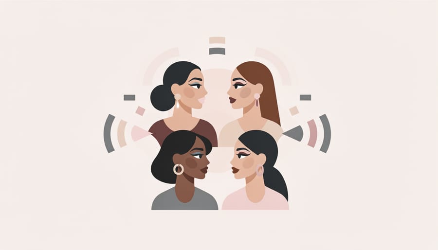 Group of young women taking selfies with makeup on a vanity counter in a bright room