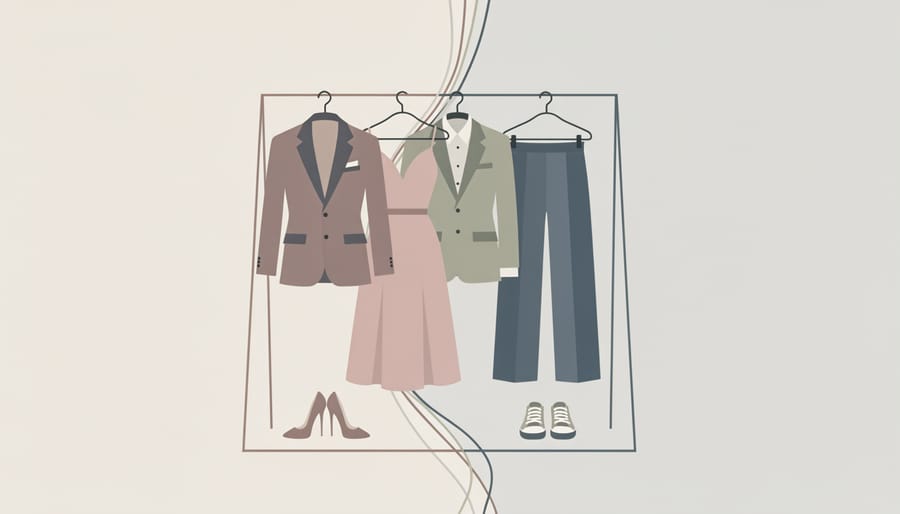 Suspended fashion collage silhouette with pearls, ruffles, and tailored pieces under dramatic stage lighting