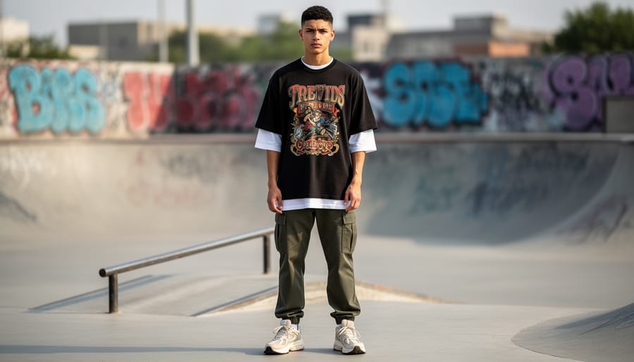 Man layering a fitted long-sleeve under a graphic tee with streetwear styling