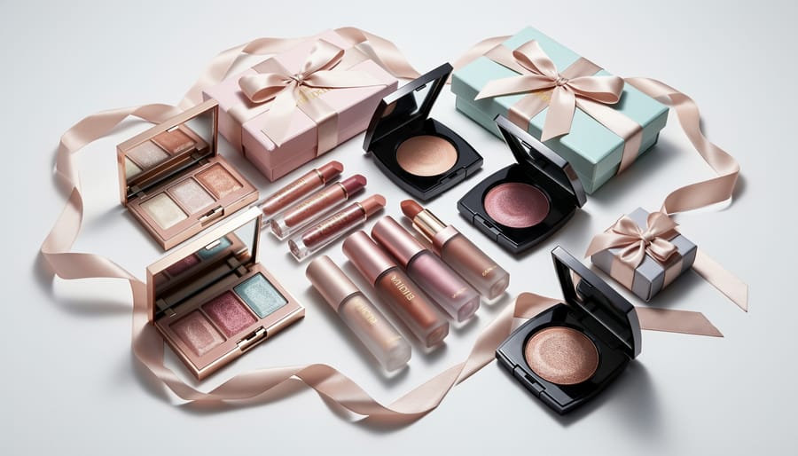 Close-up of a makeup palette and brush with gift-like boxes and ribbon accents