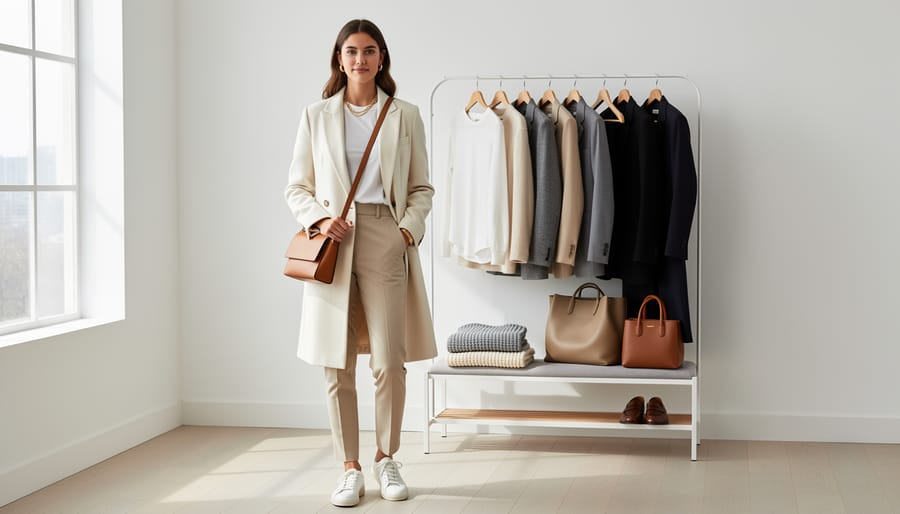 Neutral fashion essentials arranged on a hotel bed including a trench coat, knit top, belt, and sunglasses