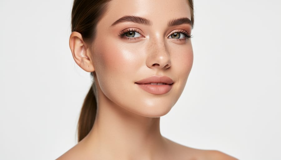 Model applying a lightweight liquid skin tint on a clean, natural complexion in a softly lit bathroom setting