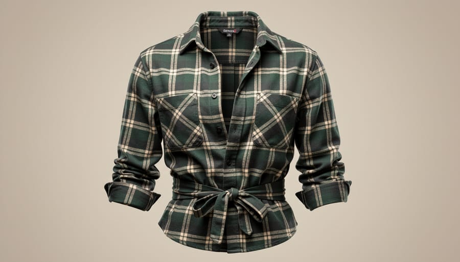 Man wearing a red-and-black plaid flannel shirt in an outfit styled for a modern 2000s look