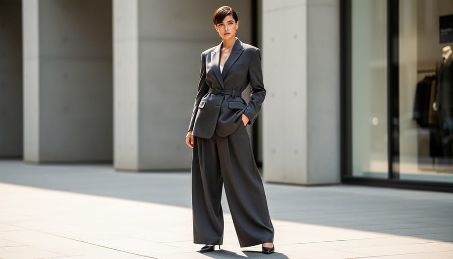 Man styling oversized top with slim trousers to show proportion play