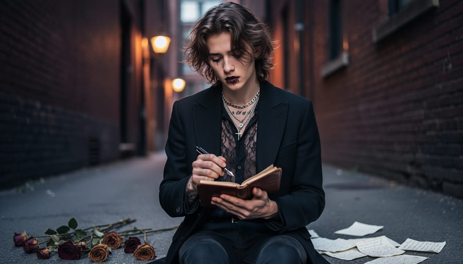 Man styled in dark Poetcore-inspired layers against an urban wall