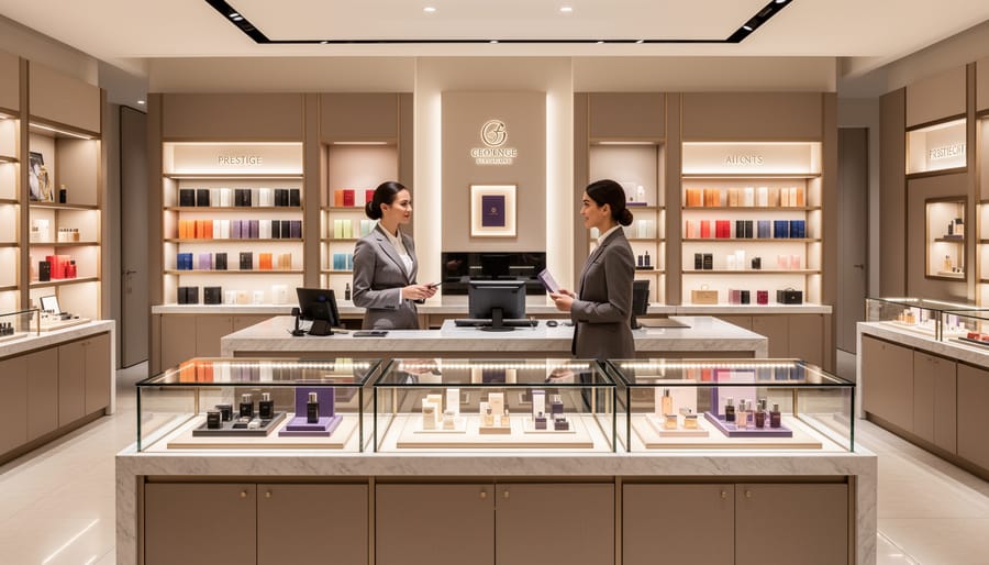 Customer receiving makeup guidance at a prestige beauty counter in a store.