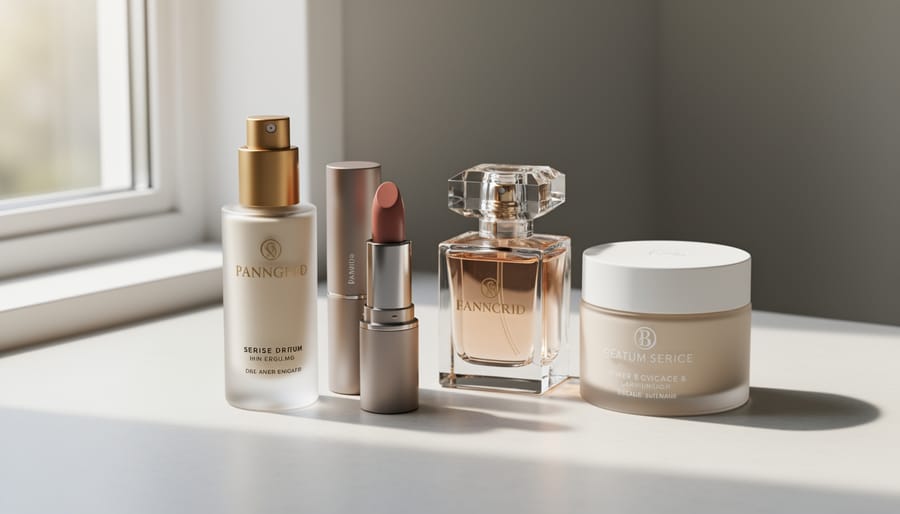 Close-up of prestige cosmetics including a glass serum bottle, foundation compact, and lipstick arranged on a vanity.