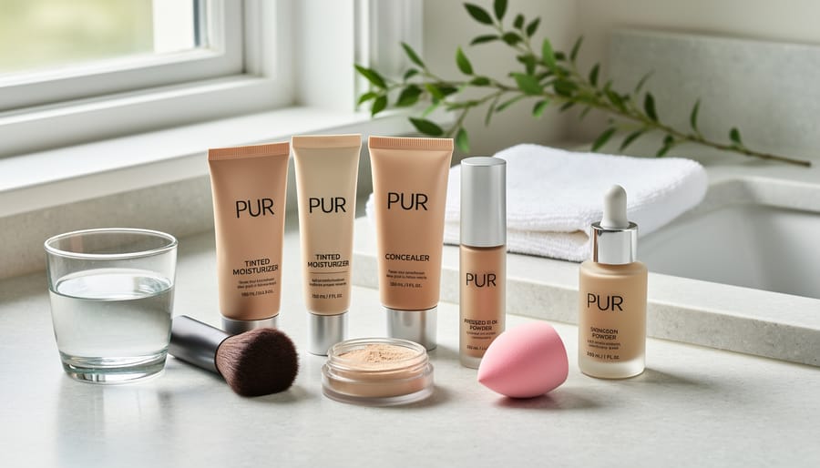 Clean beauty complexion products arranged on a minimalist vanity tray