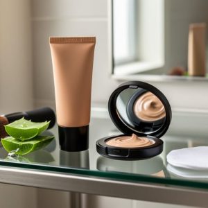 Tinted moisturizer tube and makeup accessories on a clean vanity with aloe and cotton pads, styled in warm neutrals and fresh green accents.