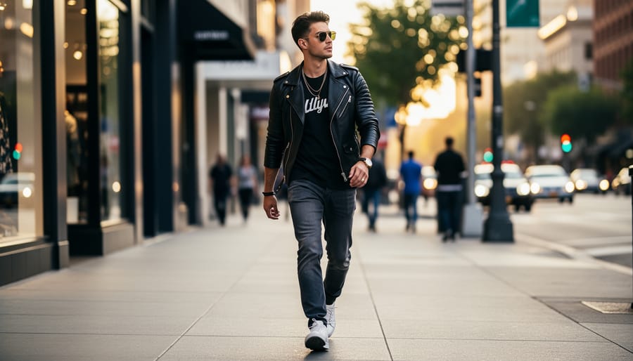 Person walking on a city sidewalk wearing a bright tailored blazer and graphic fashion accessories