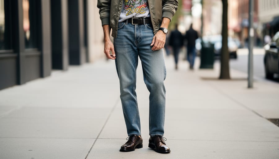Black dress shoes styled with cuffed baggy jeans in a streetwear-meets-formal look