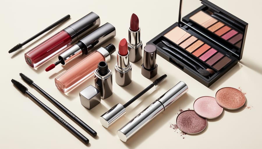 Woman’s vanity table with makeup palettes, lip products, and brushes arranged for a glam beauty look